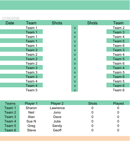 27/05/2026 Date Team Shots Shots Team Team 1 v Team 2 Team 1 v Team 3 Team 1 v Team 4 Team 1 v Team 5 Team 1 v Team 6 Team 2 v Team 3 Team 2 v Team 4 Team 2 v Team 5 Team 2 v Team 6 Team 3 v Team 4 Team 3 v Team 5 Team 3 v Team 6 Team 4 v Team 5 Team 4 v Team 6 Team 5 v Team 6 Teams Player 1 Player 2 Shots Played Team 1 Sharon Lawrence 0 0 Team 2 Neil Jono 0 0 Team 3 Alan Dave 0 0 Team 4 Sue N Julia 0 0 Team 5 Greg Sandy 0 0 Team 6 Steve Geoff 0 0